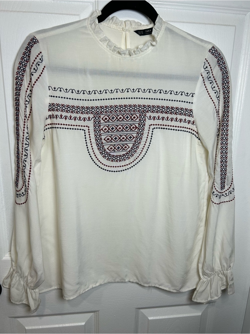 Zara Cream Blouse with Navy & Burgundy Embroidery